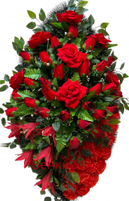 Фото Ритуальный венок из искусственных цветов - Элит #48 красный из роз, гвоздик,лилии и зелени
