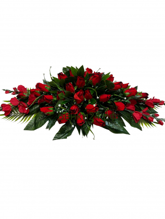 Фото Ритуальная композиция на могилу/гроб Элит №1 из красных роз,гладиолуса и зелени