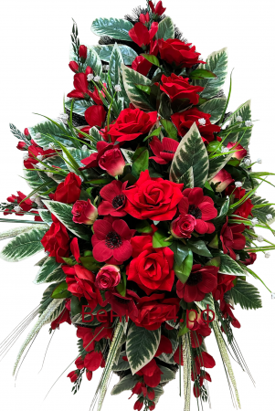 Фото Ритуальный венок из искусственных цветов - Элит #59 бархат красный из гладиолусов, маков, розы и зелени