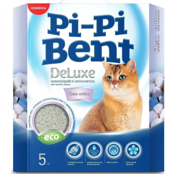 Комкующийся наполнитель Pi-Pi-Bent DeLuxe Clean Cotton 5 кг