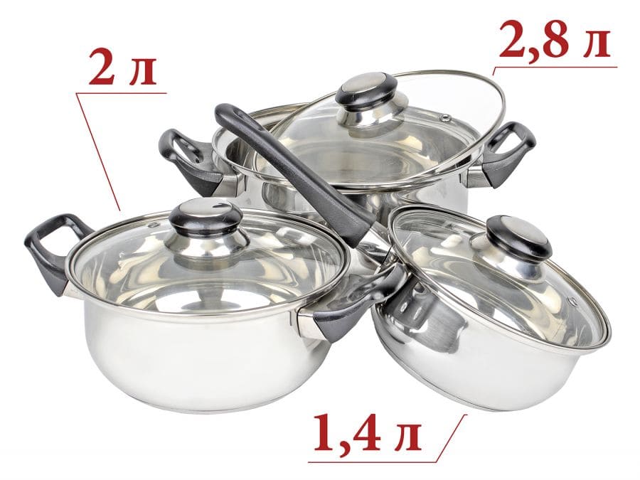 Набор посуды из 6 предметов Mallony BAKS-SET-6 из нерж стали (2 кастр+ковш) с крышками: 2,0/2,8 л+1,4л)