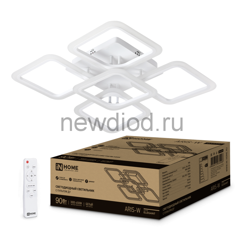 Светильник сд ELEGANT ARIS-W-BG 90Вт 230В 3000-4000-6500K 7000Лм 590х590х115мм ПУ белый IN HOME