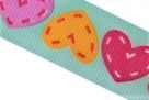фото Лента репсовая (в рубчик) с рисунком Разноцветные сердечки на бирюзовом 25 мм (X-00530)