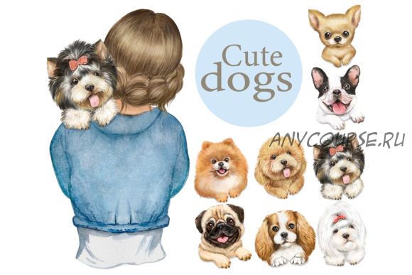 [Creativefabrica] Cute Dogs Clipart. Girls and Dogs, animals (EvArtPrint)