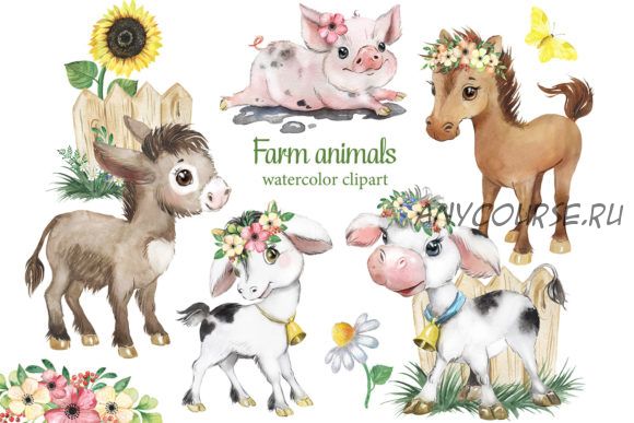 [Creativefabrica] Farm Animals Clipart, Cow, Donkey, Goat (EvArtPrint)