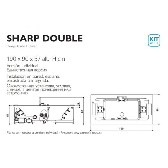 Гидромассажная ванна Jacuzzi Sharp Double с 2 подголовниками 190x90 схема 2