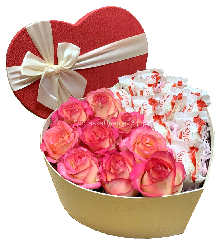 Коробка-сердце с розами и Рафаэлло