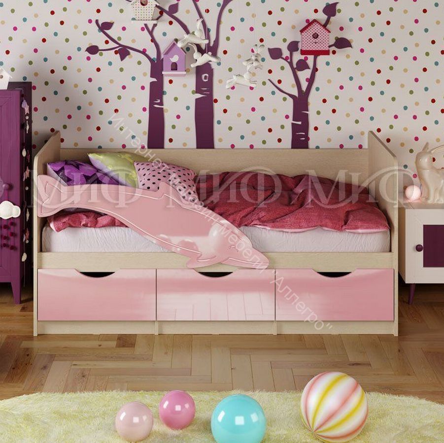 Кровать "Дельфин-1" 1,6*0,8 м Розовый металлик, Дуб беленый