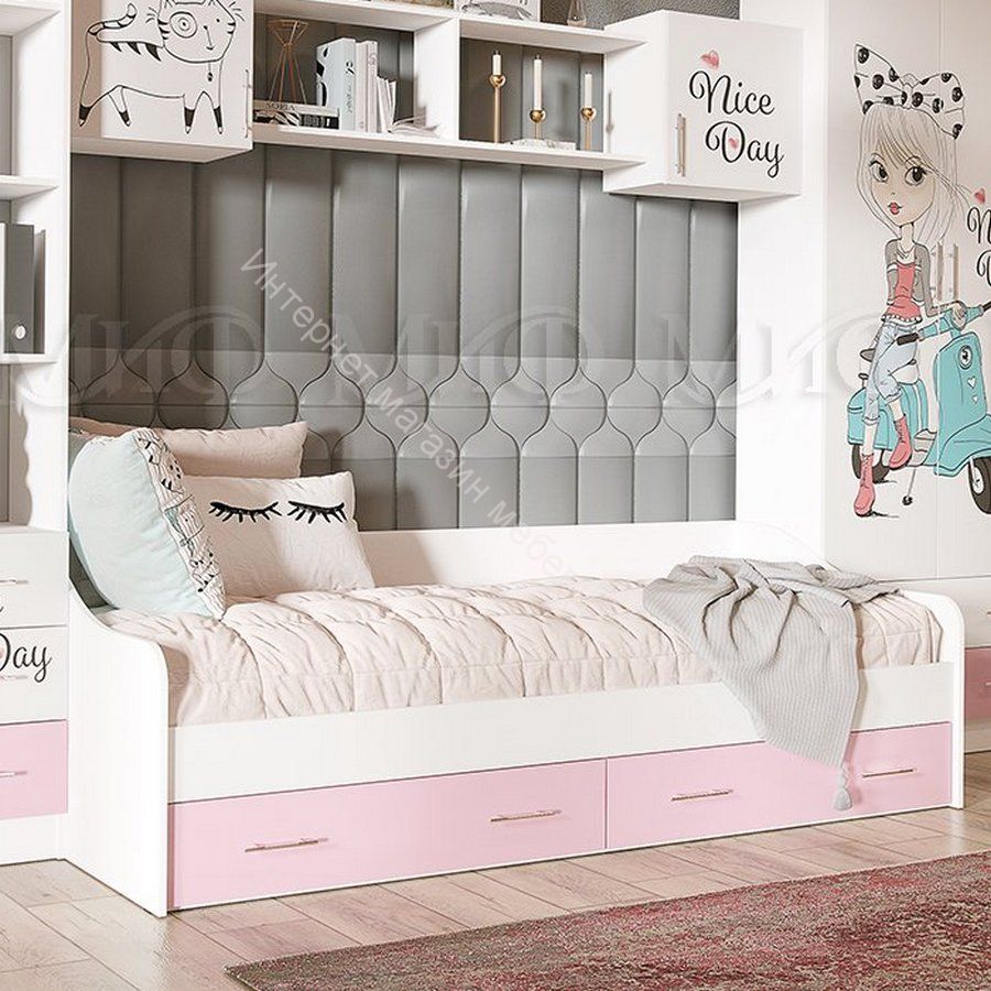 Кровать с ящиками "Вега Fashion-1" 2,0*0,9 м Розовый, Белый