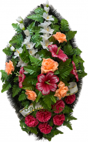 Фото Ритуальный венок из искусственных цветов - Классика #33 из веток колокольчика, гвоздик, лилии, роз