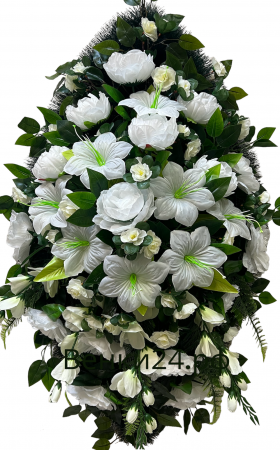 Фото Ритуальный венок из искусственных цветов - Элит #9 белый из лилий, роз,пионов и гладиолусов