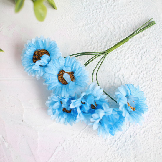 Цветы из ткани - Ромашки голубые, букет из 6 шт.