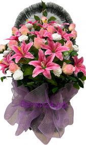 Фото Ритуальная корзина "П-Ваза Элит №6" из розовой лилии и розы