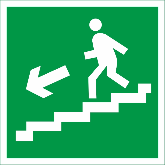 E14 "Направление к эвакуационному выходу по лестнице вниз (налево)"