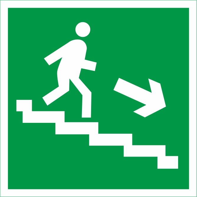 E13 "Направление к эвакуационному выходу по лестнице вниз (направо)"