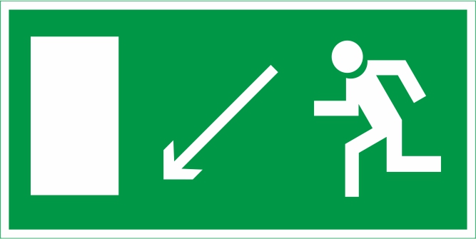 E08 "Направление к эвакуационному выходу налево вниз"