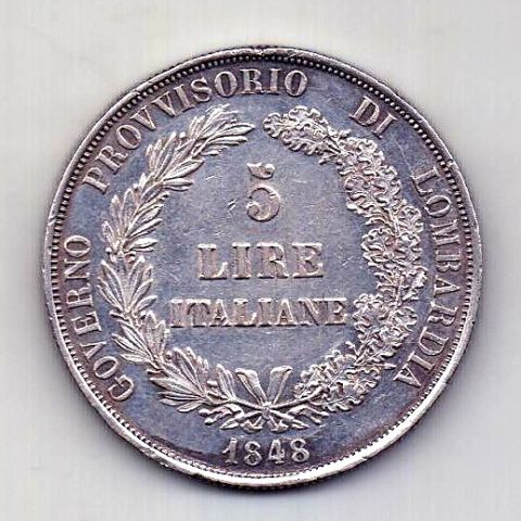 5 лир 1848 Ломбардия Италия AUNC Революция
