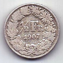 1/2 франка 1907 Швейцария Редкий год