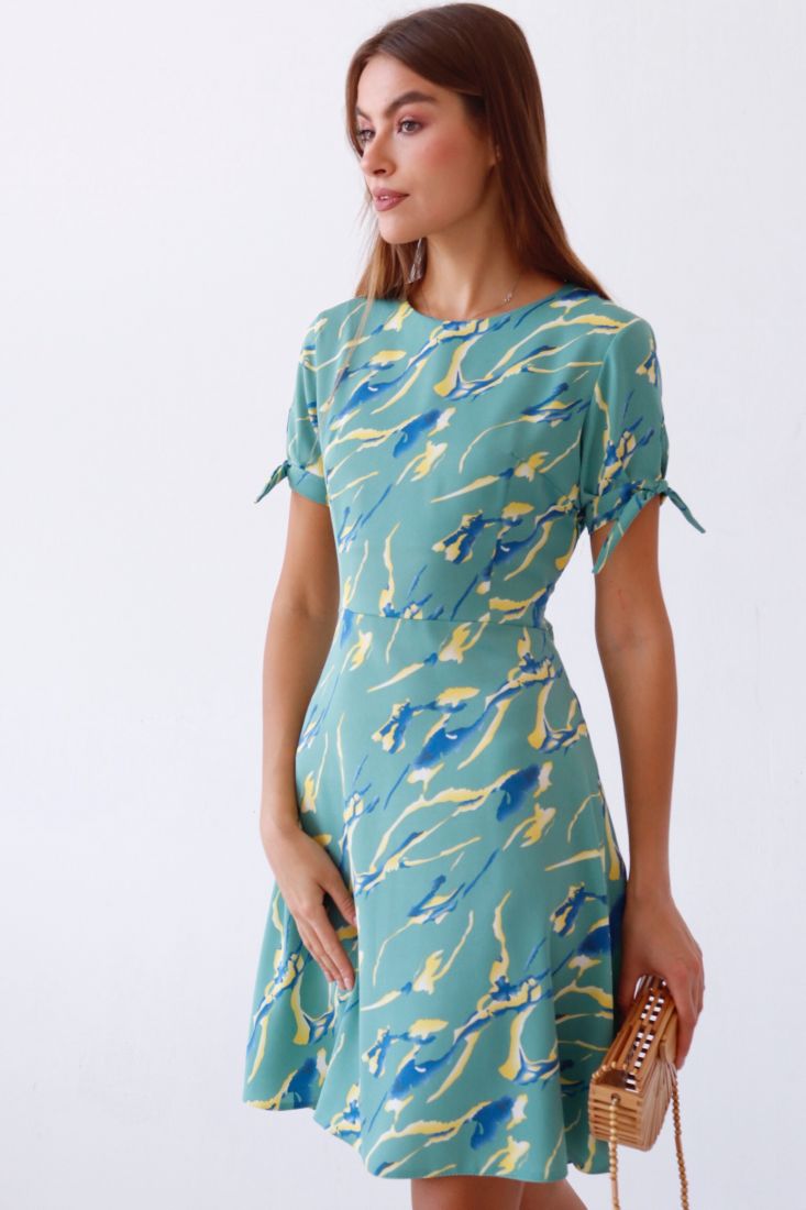 9345 Платье с завязками на рукавах зеленовато-голубое