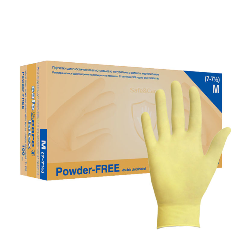 Перчатки смотровые латексные Safe&Care TL202 двукратное хлорирование (50 пар)