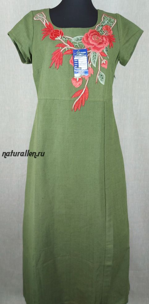 Платье льняное Аппликация (тёмно-зелёное)рр 46