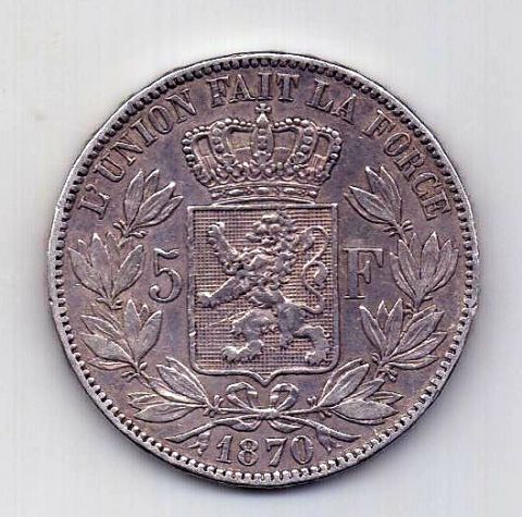 5 франков 1870 Бельгия XF
