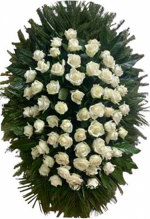 Фото Венок на похороны из живых цветов #14 белые розы, робелини и хвоя