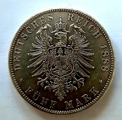 5 марок 1888 Пруссия AUNC Редкий год