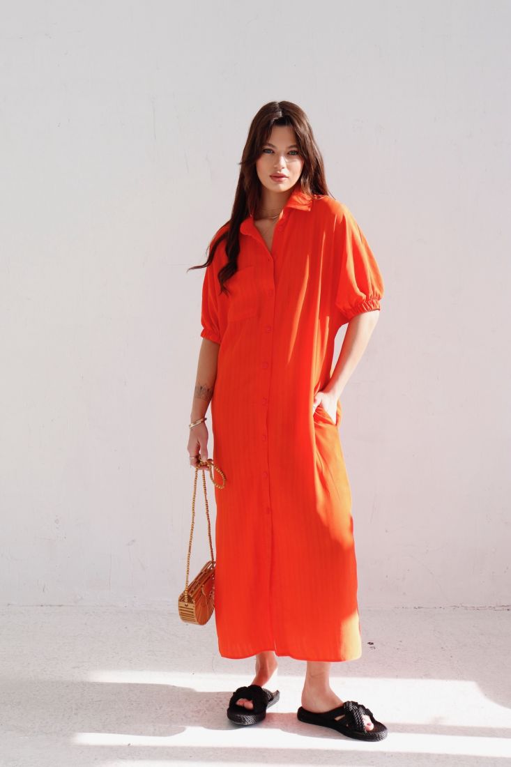 9414 Платье-рубашка с объёмными рукавами красно-оранжевое