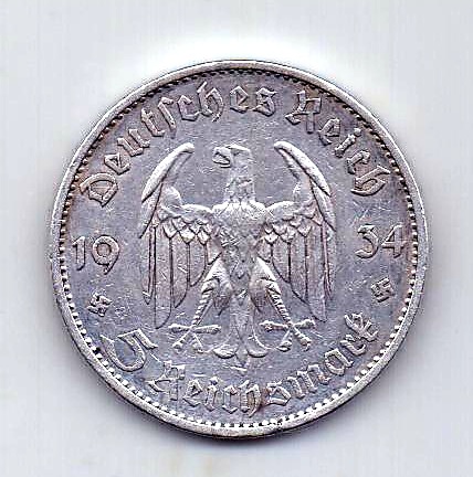 5 марок 1934 Германия XF Подписная