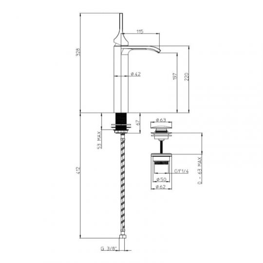 Высокий однорычажный смеситель для раковины Bossini APICE с донным клапаном E89602 схема 2