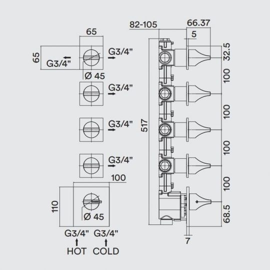 Внешняя часть термостатического смесителя Bossini APICE высокой пропускной способности на 5 выходов Z035208 схема 2