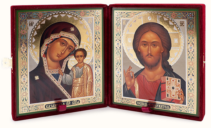 Складень бархатный с иконами: Спаситель, Казанская икона Божией Матери (18х22 см), венчальная пара (2)
