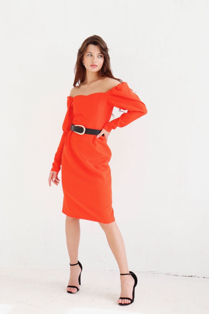 9511 Платье с открытыми плечами красно-оранжевое