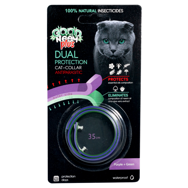 Ошейник от паразитов для кошек и котят Good Neem Plus с маслом дерева ним фиолетовый + зеленый 35 см
