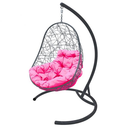 МГКОР-13-08 Подвесное кресло ОВАЛ с ротангом серое, розовая подушка