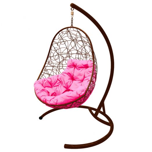 МГКОР-12-08 Подвесное кресло ОВАЛ с ротангом коричневое, розовая подушка