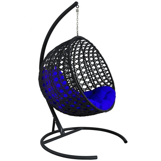 МГКШЛР-14-10 Подвесное кресло КРУГ ЛЮКС с ротангом чёрное, синяя подушка