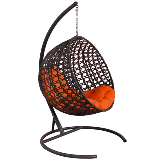 МГКШЛР-12-07 Подвесное кресло КРУГ ЛЮКС с ротангом коричневое, оранжевая подушка