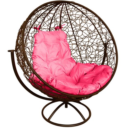 МГВКШР-12-08 Вращающееся кресло КРУГ с ротангом коричневое, розовая подушка