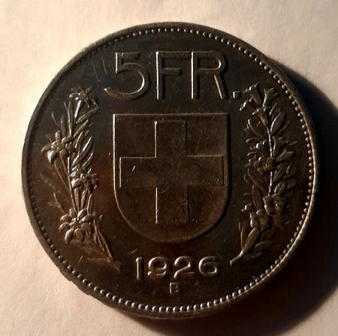 5 франков 1926 Швейцария Редкий год UNC