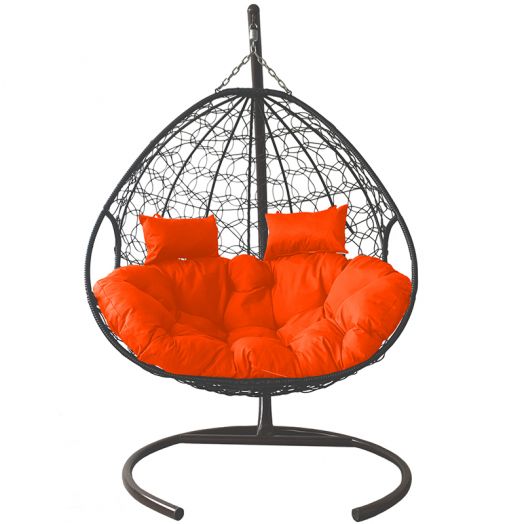 МГПК2-13-07 Подвесное кресло ДЛЯ ДВОИХ с ротангом серое, оранжевая подушка