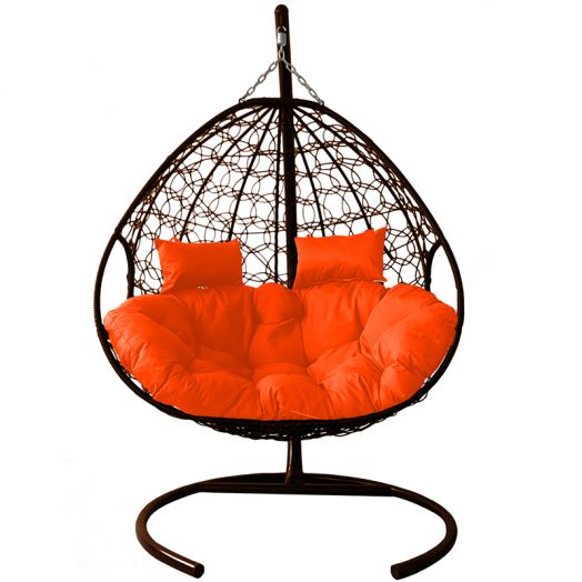 МГПК2-12-07 Подвесное кресло ДЛЯ ДВОИХ с ротангом коричневое, оранжевая подушка