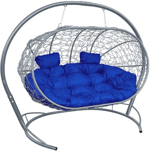 МГПДЛ-13-10 Подвесной диван ЛЕЖЕБОКА с ротангом серый, синяя подушка
