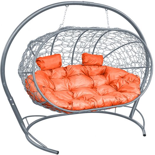 МГПДЛ-13-07 Подвесной диван ЛЕЖЕБОКА с ротангом серый, оранжевая подушка