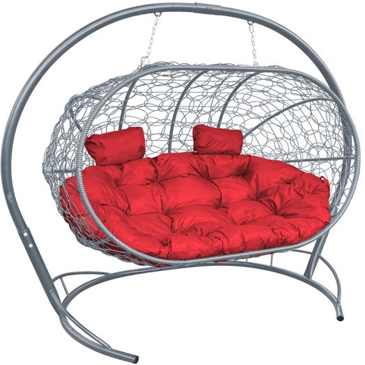 МГПДЛ-13-06 Подвесной диван ЛЕЖЕБОКА с ротангом серый, красная подушка