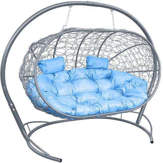 МГПДЛ-13-03 Подвесной диван ЛЕЖЕБОКА с ротангом серый, голубая подушка