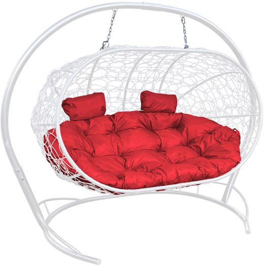 МГПДЛ-11-06 Подвесной диван ЛЕЖЕБОКА с ротангом белый, красная подушка