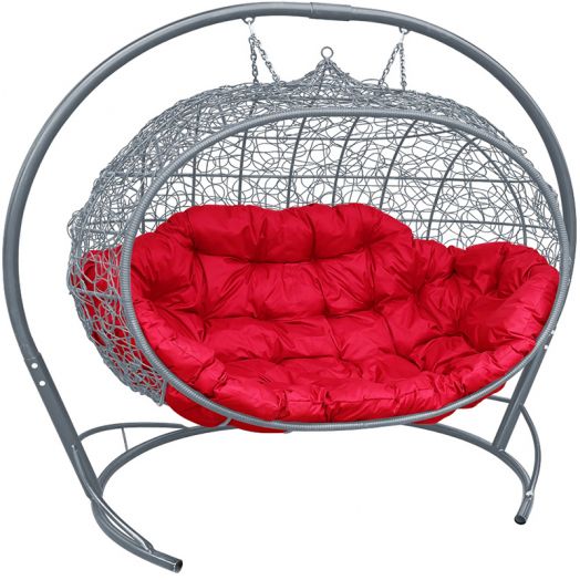 МГПДУ-13-06 Подвесной диван УЛЕЙ с ротангом серый, красная подушка