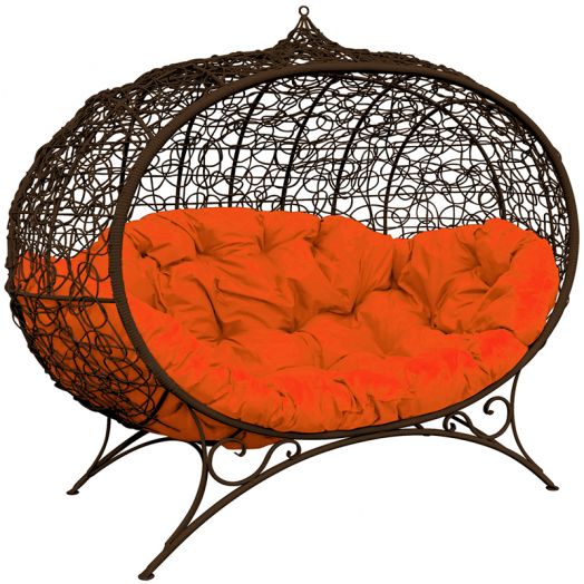 МГОДУ-12-07 Диван УЛЕЙ на ножках с ротангом коричневый, оранжевая подушка